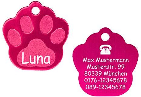 Pinke Hundemarke in Pfotenform mit Gravur | gravierte Hundemarke pink inkl. 2 gratis Schlüsselringe