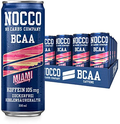 NOCCO BCAA Miami Fragola, 24 x 330 ml, con deposito di proteiche – Bevanda senza zucchero, No Carbs Company, vitaminico e caffeina