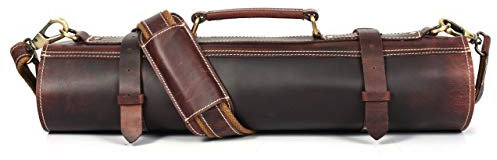 Borsa porta coltelli in pelle, 10 tasche elastiche ed espandibili, tracolla regolabile/staccabile, custodia per coltelli da chef in pelle (marrone scuro)