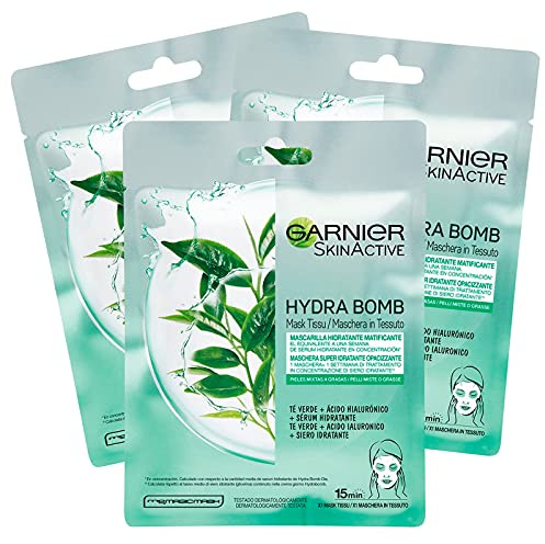 3 x Garnier SkinActive Hydra Bomb Gesichtsmaske aus feuchtigkeitsspendendem und mattierendem Stoff mit grünem Tee und Hyaluronsäure