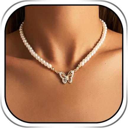 Ushiny Vintage Perlenkette Gold Schmetterling Strass Halsketten Festival Geburtstag Party Halskette Schmuck für Frauen und Mädchen