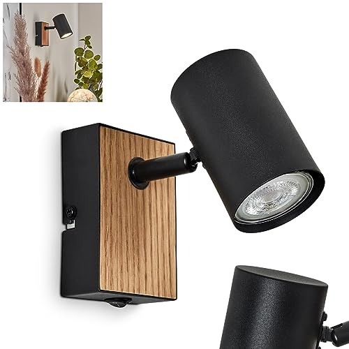 Wandleuchte Javel, verstellbare Wandlampe aus Metall/Holz in Schwarz/Natur, 1-flammig, 1 x GU10 max. 25 Watt, moderne Leselampe mit verstellbarem Spot & An- & Ausschalter am Gehäuse
