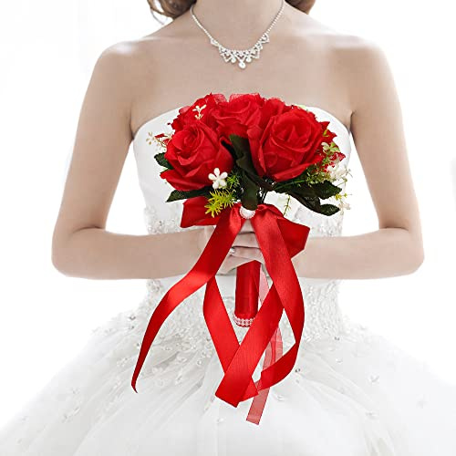 ISAKEN Handgemachte Brosche Brautstrauß Braut Satin Rosen Blumen Brautjungfer Hochzeitsstrauß Blumenstrauß Romantische Blumen Künstlicher Rosenstrauß für Hochzeit Brautjungfer Hochzeitsdekoration