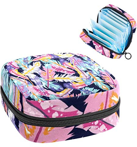 Aquarell-Aufbewahrungstasche, Pink / Lila, Boho-Federn, tragbar, Tampon-Aufbewahrungstasche, Tampon-Halter für Geldbörse, femininer Produkt-Organizer, Mehrfarbig, 4.7x6.6x6.6 in/12x17x17 cm
