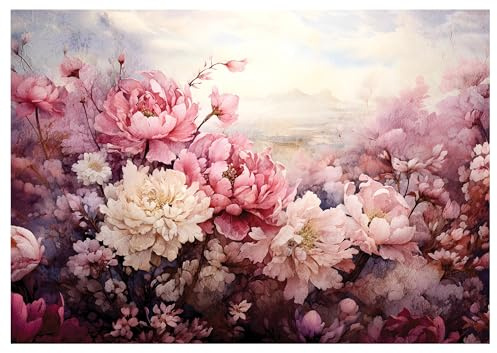 WallArena - Papier peint photo non tissé - Fleurs roses pivoines - Mur en béton - 312 x 219 cm - Papier peint photo - Pour salon et chambre à coucher - Effet 3D - Avec colle