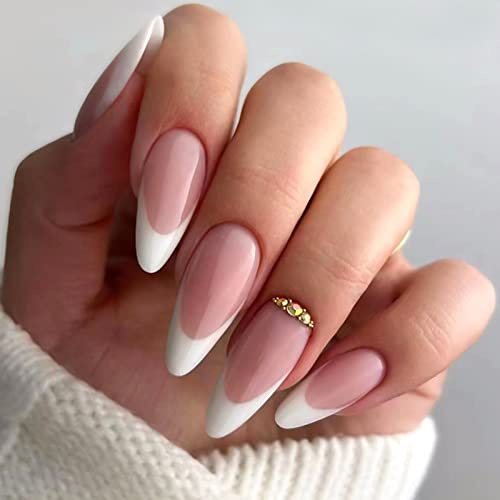 RabbFit Pack of 24 Medium French Tip Press on Nails Almond Nude Gradient White Fake Nails Full Cover Artificial Nails Glossy Nude Stick on Nails for Women