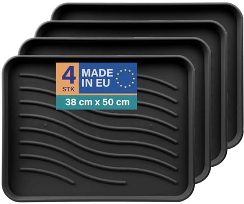 Bestlivings Schuhabtropfschale 4er-Pack, 50x38 cm, Schwarz, wasserdicht | Für je 2 Paar Schuhe, 2,5 cm hoher Rand, robuste Schuhwannen aus Kunststoff, Universalablage für Haus, Tier & Garten