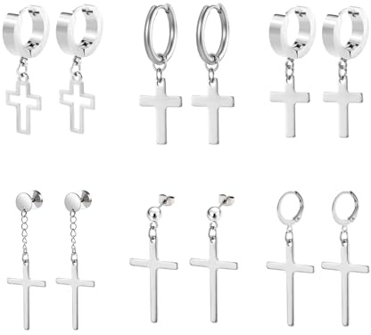 Hinvan 6 Paare Ohrringe Herren Kreuz Ohrstecker Damen Silber | Ohrringe Kreuz Silber, Ohrstecker Herren Silber, Edelstahl Ohrstecker Kreuz Ohrringe Damen Hängend