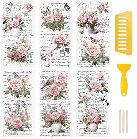 WANDIC 6 Bogen Rub on Transfer Stickers, Rosa Blumen Aufkleber Wand mit Vintage Muster, Wasserdicht, Handarbeiten, Möbel, DIY Kunsthandwerk, Dekorieren für Fotoalbum und Scrapbook, 15 x 30 cm