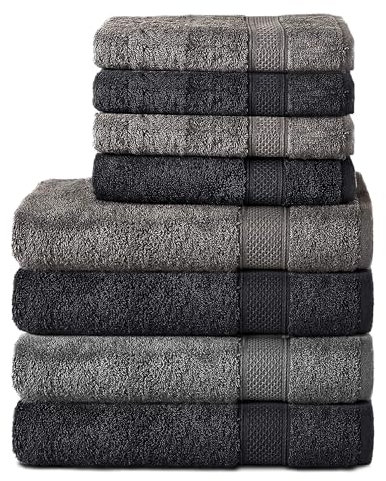 Komfortec Set di 8 asciugamani in 100% cotone, 4 teli da bagno 70 x 140 e 4 asciugamani da 50 x 100 cm, spugna, morbido, towel, grande, Antracite/Nero