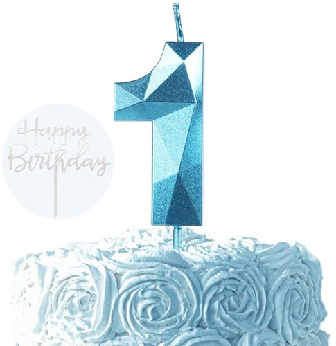 Ronoza 3D Blau Geburtstagskerzen Zahlen 1, Glitzer Kerzen Geburtstag, Geburtstagskerzen für Torte, Kerze 1, Kerzen Zahlen, Tortendeko Geburtstag (mit Silber Happy Birthday Cake Topper)
