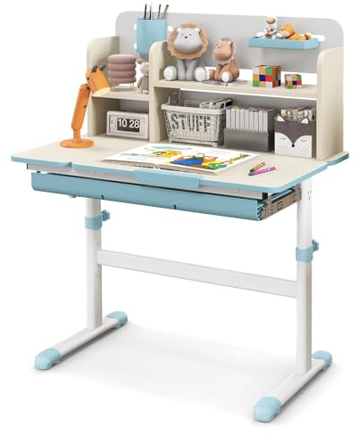 GOPLUS Escritorio de Estudio Infantil Multifuncional con Escritorio Inclinable, Mesa de Estudio para Niños Altura Ajustable, Cajón Extraíble, Soporte para Libros, para Niños de 3-12 Años (Azul)