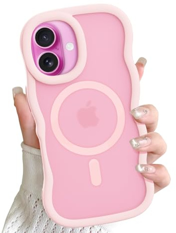 Cover Magnetica Ondulata per iPhone 16 Compatibile con MagSafe Custodia Cornice Ondulati Riccia Forma Traslucida Opaca Antiurto Anti-Scratch Case per Ragazze Donne, Rosa
