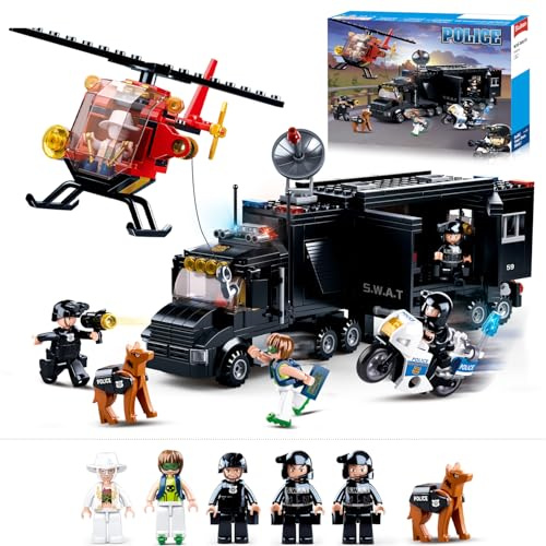 City Police Chase Building Set, SWAT Mobile Command Police Truck Building Toy with Helicopter & Police Motorcycle, Compatible with Lego City Police Station, Gift for Boys Girls Aged 6+, 540 PCS