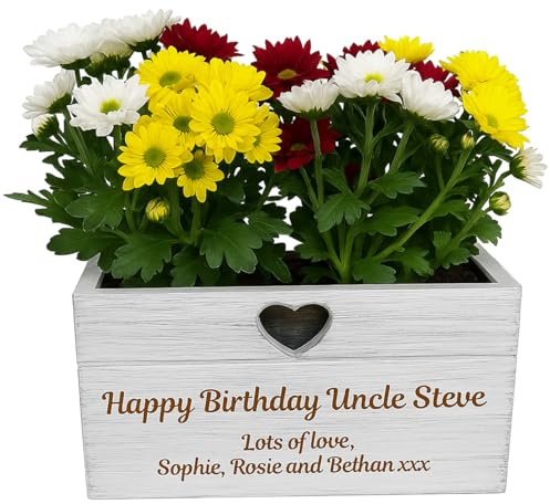 Hoolaroo Personalised Wooden Planter Box with Heart Detail, White-Washed Finish, Custom Message 30cm