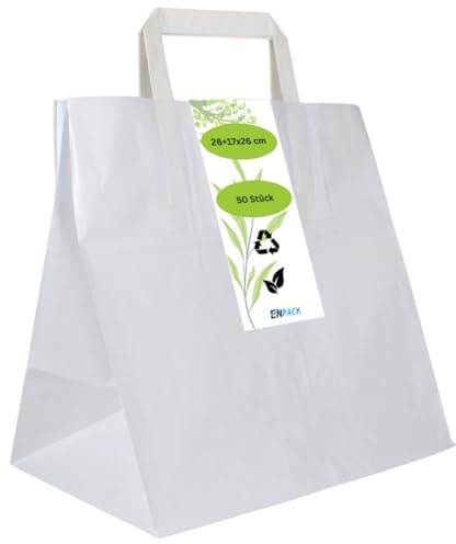 Enpack - 50 Stück Papiertüten weiß mit Henkel - Geschenktüten für kleine Geschenke 26+17x26 cm - Papiertragetaschen aus Kraftpapier - Weiße Papiertüten - Papier Geschenktaschen zum befüllen
