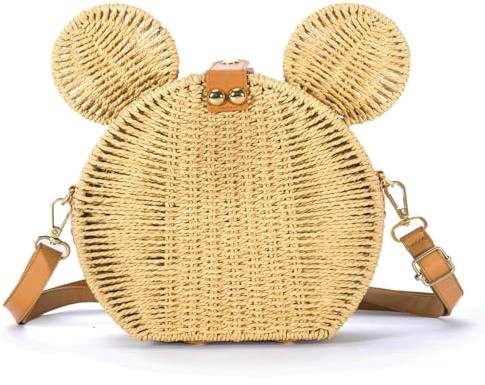 Round Rattan Straw Bag Purse for Women,Handmade Cute Mouse Ear Wicker Woven Purse Crossbody Shoulder Bag Handbag with Adjustable Strap,Handwoven Boho Summer Beach Basket Purse Holder Gift for Travel