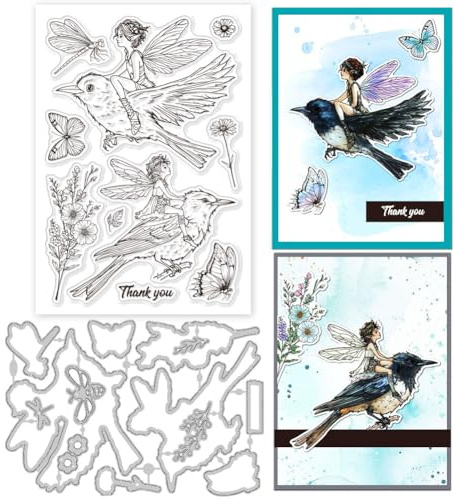 GLOBLELAND Feen Vögel Blumen Silikonstempel Metall Stanzformen Malschablonen Für Die Kartenherstellung Schmetterling Stempel Stanzformen Libellen Schablonen Set Für DIY Scrapbooking Kunsthandwerk