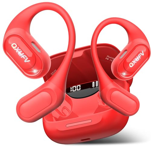 Ecouteurs Bluetooth Sans Fil Open-Ear avec Contrôle Tactile, 4 HD Mics, Basses Renforcées, Ecouteurs Bluetooth Sport 5.4 avec Crochets Air pour Course/Fitness/Vélo, Oreillette Étanchéité IP7, Rouge