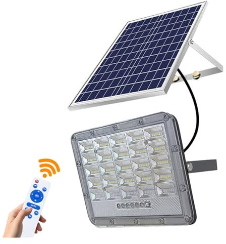 Lumiere Solaire Exterieur, 300W réflecteur solaire projecteurs solaires lumière LED 5M cordon extérieur maison de jardin télécommande étanche projecteur lampe solaire extérieure pour Jardin, Garage
