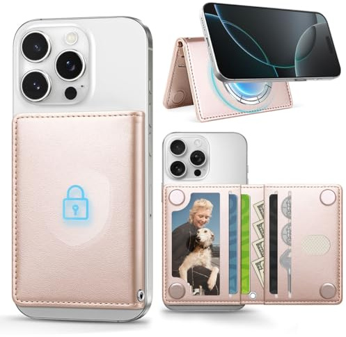 OCASE Porta-Carte Magnetico per iPhone Serie 17/16/15/14/13/12 Rosa Oro | 5 Porta Carte, Supporto, in Pelle Sintetica, (Tranne iPhone 17e/16e/13 Mini/12 Mini) , Compatibile con Custodie Magnetiche