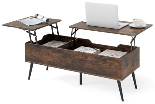 COSTWAY Soffbord med justerbar höjd, vardagsrumsbord med vikbar bordsskiva och 2 dolda förvaringsfack, sidobord av trä, soffbord för vardagsrum och kontor, 111 x 48 x 40–53,5 cm (brun)