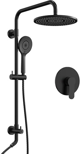 GRANDJOY Wall Bar Shower Kit High Pressure 10 Inch Round Shower Head with 3 Mode Handheld Valve Included Matte Black