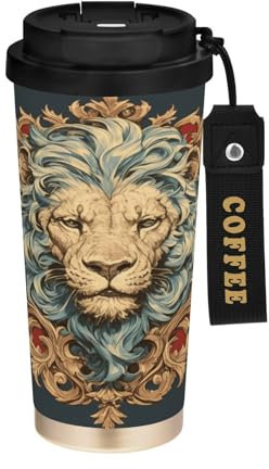 linqin Vaso de café de viaje pequeño de león borgoña para mujer con tapas, vasos aislados de acero inoxidable para bebidas frías y calientes, 17 onzas, a prueba de derrames