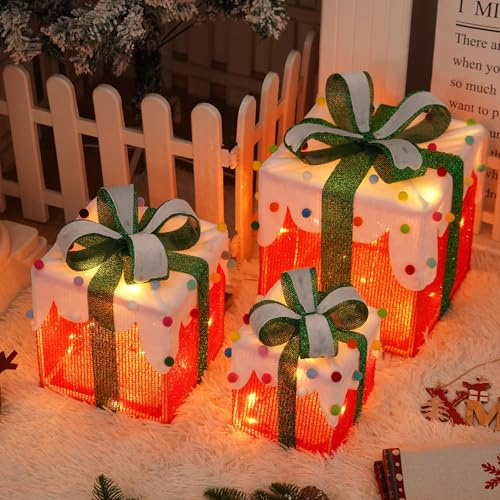 OVOISSTIY 3 Stück LED Geschenkboxen, 8 Leuchtmodus Weihnachtenbox Beleuchtet Deko, Weihnachten Boxen Lichter mit Timer für Weihnachtsdeko Outdoor, Weihnachtsbaum LED Geschenkbox (Rot)