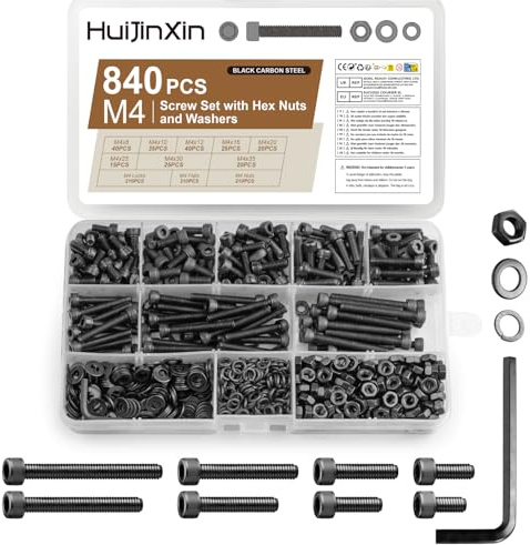 Juego de 840 tornillos M4, tornillos hexagonales con tuercas, tornillos cilíndricos con tuercas con arandelas, surtido de tornillos de máquina negros, juego de tornillos roscados