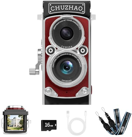 CHUZHAO Mini appareil photo numérique vintage, style TLR rétro, compact et compact, petite poche 1080p FHD 12 MP Autofocus Vlogging avec carte de 16 Go (rouge)