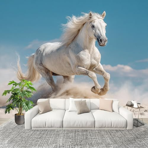 Mural Papel Pintado 3D 400x280cm Caballo Animal Blanco Fotomurales Tejido No Tejido Antiarrugas Póster Azul Murales Fotográfico Moderno Decoración de Paredes