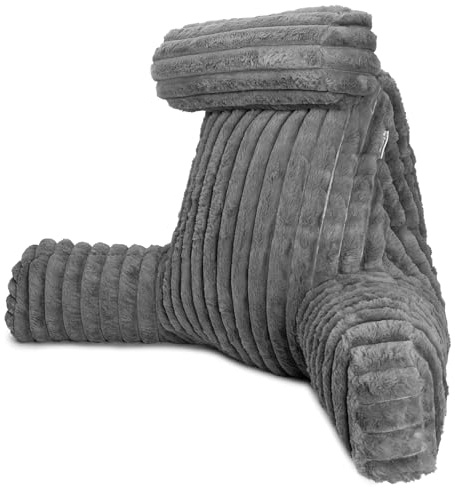 Aamira Faux Fur Ribbed Grey Reading Pillow, XL Shredded Memory Foam Backrest Cuddle Cushion with Arms, Detachable Headrest & Back Pocket, Ideal for Back Support, Bed, Reading or Gaming Cushion