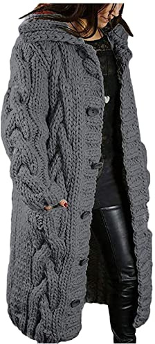 Generisk kofta dam lång grovstickad kofta vinter varm lång grovstickad kofta oversize stickad kofta tjock tröja öppen front lång kofta kofta dam oversize, C mörkgrå, XL