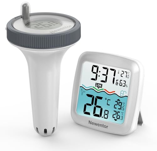 Newentor Funk Poolthermometer - 4-fach Wasserdicht - Antennen-Turbo durchdringt Wände für 100m Reichweite - Schwimmend Wasserthermometer Energiespar-Chip für lange 6-Monate, Weiß mit Basisstation