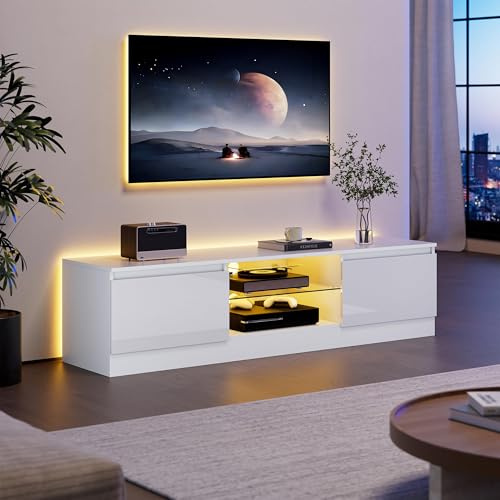 AUREUM OPAL Meuble TV pour 43/55/70 Pouces, 160 cm Longueur, Meuble Tele avec 16 Couleurs LED à 2 Portes, Meuble Bas pour Salon, Chambre, Bois, Blanc