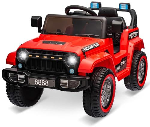 Euker Elektroauto für Kinder 12V, Kinder Elektroauto im Offroad-Design, 12V Doppelmotor (2×35W), Fernbedienung, Story/Music, Realistischer Hupe, 3-6,5 Km/h - für Kinder Von 3-8 Jahren（Rot）