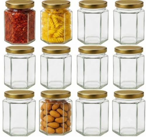 ATEK 72 Pack Hexagon Glass Jars, 180ml Small Storage Jars with Lids | Airtight Screw Top Lids, Clear Storage Jars for Honey, Spice, Jams, Yogurt, Pickle, Suitable for Pantry Organisation, Parties