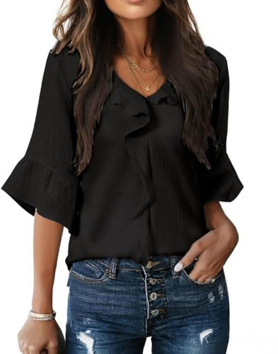 GRMLRP Camicetta Donna Elegante con Volant Blusa Scollo a V Maniche 3/4 Ampie Top Leggero e Traspirante Stile Casual Chic per Estate e Primavera(S,Nero)