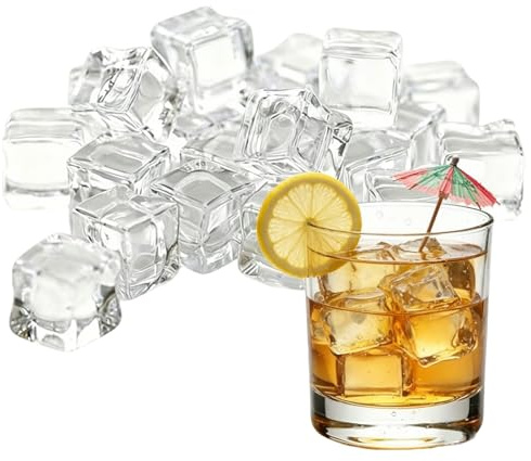 50 Pcs Fake Ice Cubes 15×15 MM, Reusable Acrylic Plastic Ice Cubes, Clear Artificial ICES Cube for Decorations, Drinks & Photo Props
