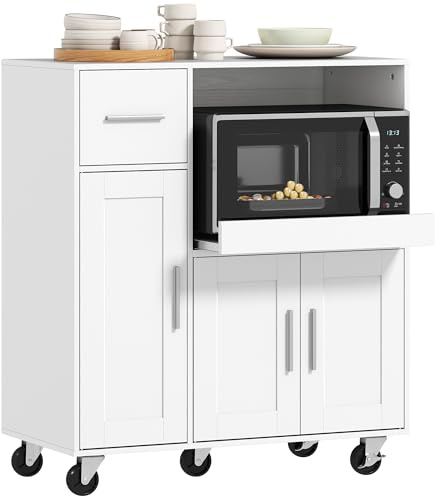 HOMCOM Rolling Kitchen Cart, Microwave Cabinet, Sliding Tray, Drawer, White