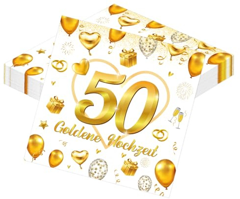 Afritee 50. Goldene Hochzeit Servietten, 20 Stück Goldene Hochzeit Deko Papierservietten, 50. Hochzeitstag Partei Tischdeko Tischdekoration, Geschenke Golden Hochzeit Eltern, 16.5x16.5cm