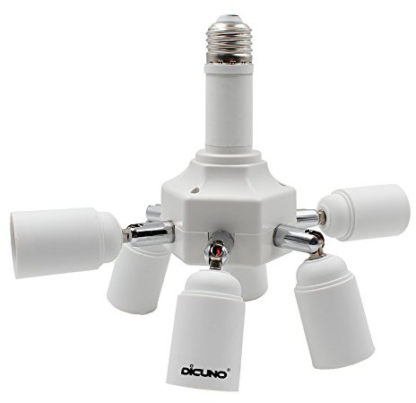 DiCUNO Light Socket Splitter 7 Way Adapter, 7 in 1 E26 Socket Converter, 6+1 Splitter Bulb Lamp Holder 360 Degrees Adjustable 180 Degrees Bending