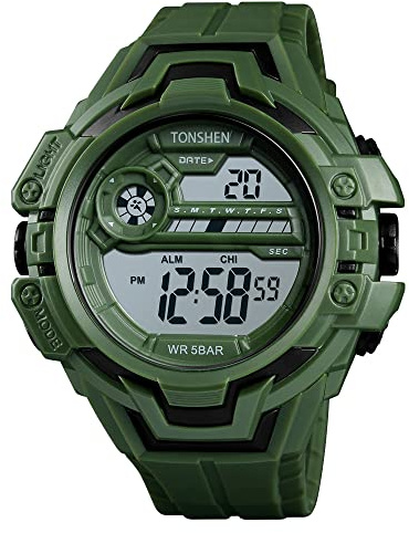 TONSHEN Sportuhr Herrenuhr Groß Plastik Lünetten mit Kautschuk Band 50M Wasserdicht Uhren Outdoor Militär Digital Armbanduhr Countdown Doppelte Zeit