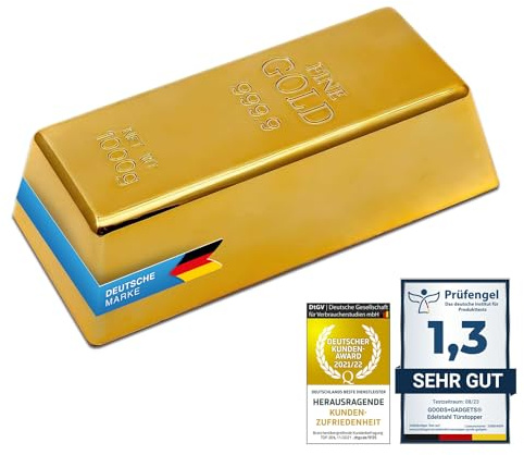 Goldbarren Türstopper und Briefbeschwerer - Lustiger Türversteller aus Fake Gold täuschend echt! | Verhindert knallende Türen, täuschend echte Attrappe mit 999.9 Prägung, witziges Gag Geschenk, kratzfreier Bodenschutz