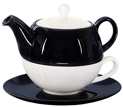 Buchensee Tea for One Lena 500ml aus Crystal Bone China Porzellan in schwarz-weiß. Teekanne + Teetasse + Untersetzer