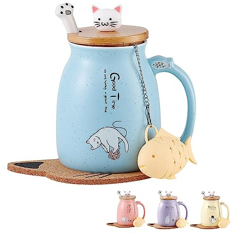 Kattkopp, söt keramisk kaffekopp med lock, sked av rostfritt stål, morgonkopp, te, mjölk, julmugg, gåva, tekopp med lock och sil, gåva till kvinnor, 380 ml