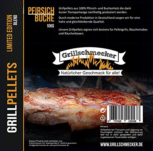 Grillschmecker Grillpellets - Holzpellets 10kg aus Pfirsich und Buchenholz Beutel für Grill, Pelletofen & Smoker