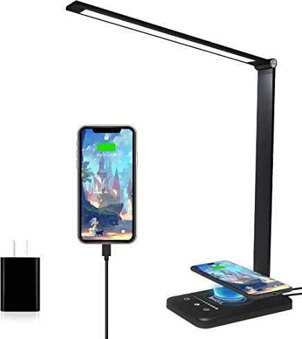 Lámpara Escritorio LED con Cargador Inalámbrico, Flexo LED Escritorio Regulable con Puerto de Carga USB, 10 Niveles de Brillo, 5 Modos, Control Táctil, Temporizador de 30/60min, Luz Escritorio Lectura