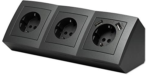 Möbel-Steckdose 3-fach mit 2x USB in Anthrazit für Küche und Büro - Mehrfachsteckdose vertikale und horizontale Montage als Tischsteckdose und Küchensteckdose - Ecksteckdose Steckdosenleiste